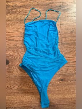 Festival Rave Blue Crisscross Backless Ruched Mesh Cami Bodysuit thong